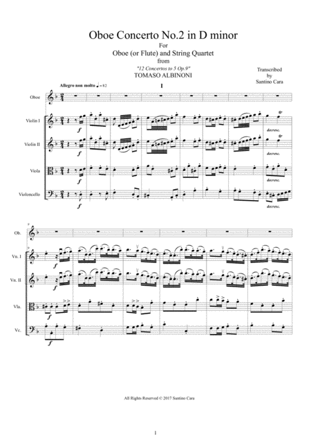 Albinoni Oboe Concerto No 2 In D Minor Op 9 For Oboe Or Flute And String Quartet Sheet Music