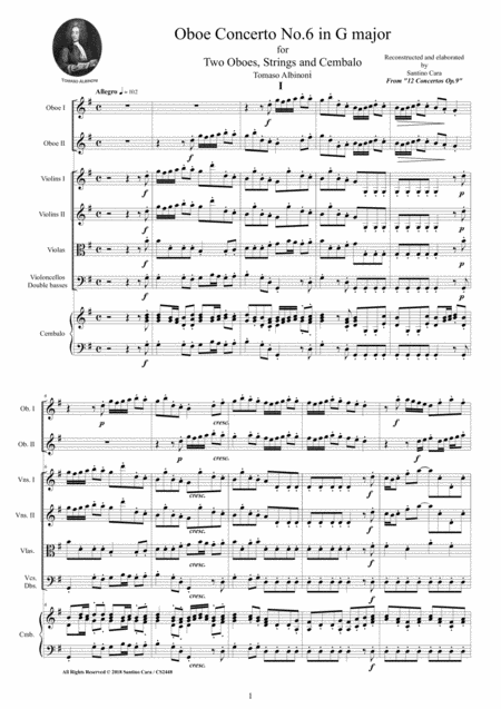 Albinoni Oboe Concerto No 6 In G Major Op 9 For Two Oboes Strings And Cembalo Sheet Music