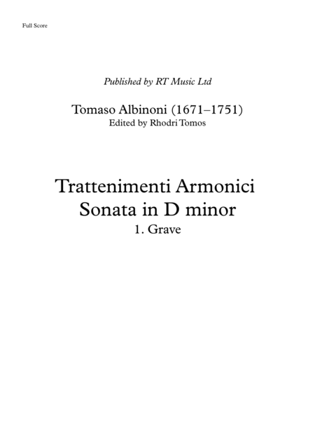 Albinoni Op 6 No 4 Trattenimenti Armonici Sonata In D Minor 1 Grave Full Score And Parts Sheet Music