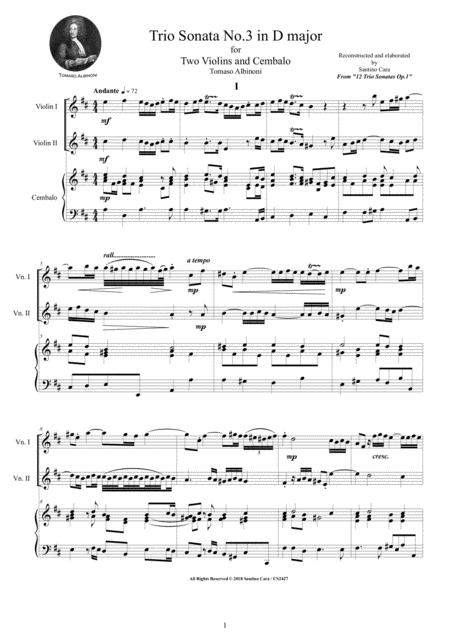 Free Sheet Music Albinoni Trio Sonata No 3 In D Major Op 1 For Two Violins And Cembalo Or Piano