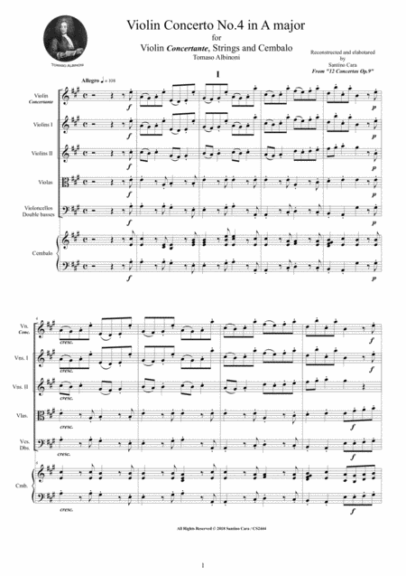 Albinoni Violin Concerto No 4 In A Major Op 9 For Violin Strings And Cembalo Sheet Music