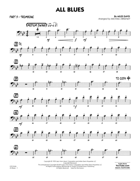 All Blues Arr Michael Sweeney Part 3 Trombone Sheet Music