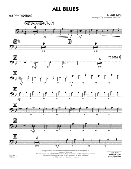 All Blues Arr Michael Sweeney Part 4 Trombone Sheet Music