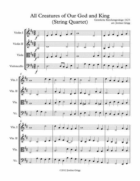 Free Sheet Music All Creatures Of Our God And King String Quartet