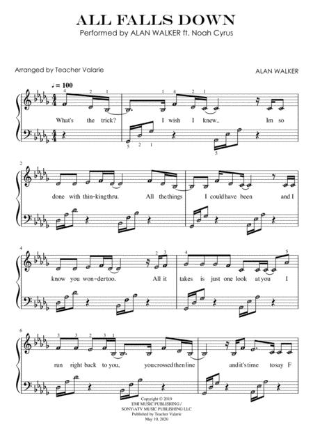 All Falls Down Alan Walker Ft Noah Cyrus Piano Level 5 Sheet Music