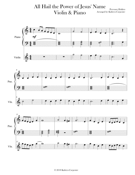 Free Sheet Music All Hail The Power Of Jesus Name Easy Piano Violin