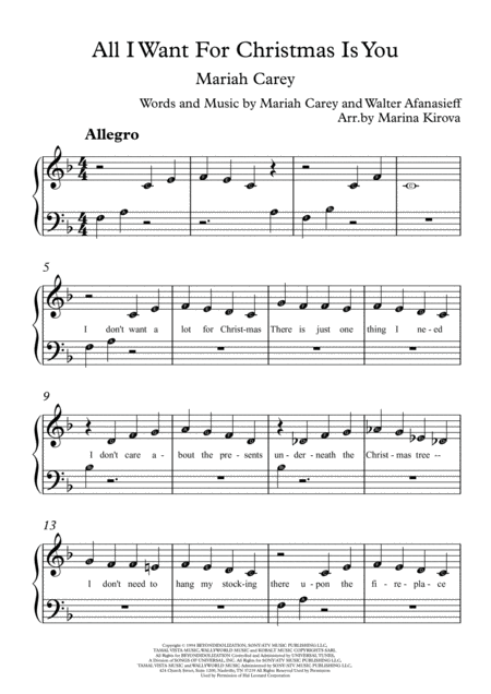 All I Want For Christmas Is You By Mariah Carey With Note Names In Easy To Read Format Sheet Music