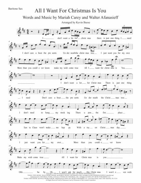 All I Want For Christmas Is You W Lyrics Bari Sax Sheet Music