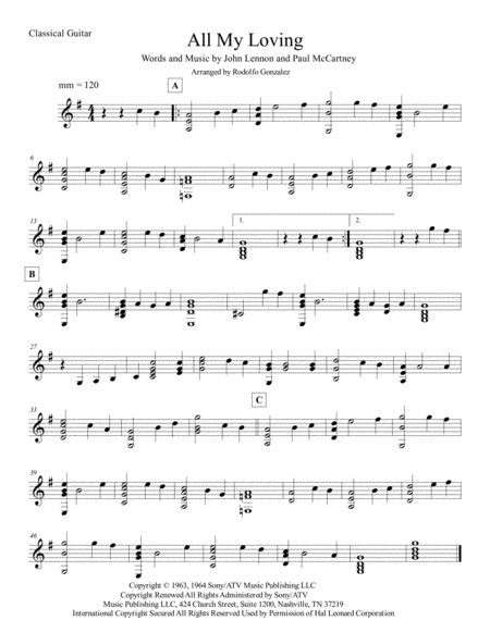 Free Sheet Music All My Loving For Classical Guitar