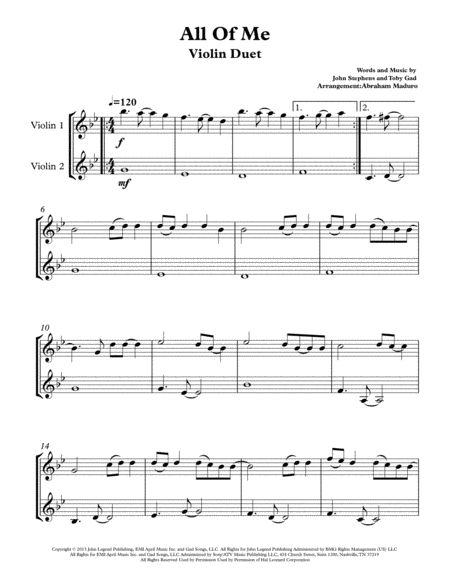 All Of Me By John Legend Violin Duet Sheet Music