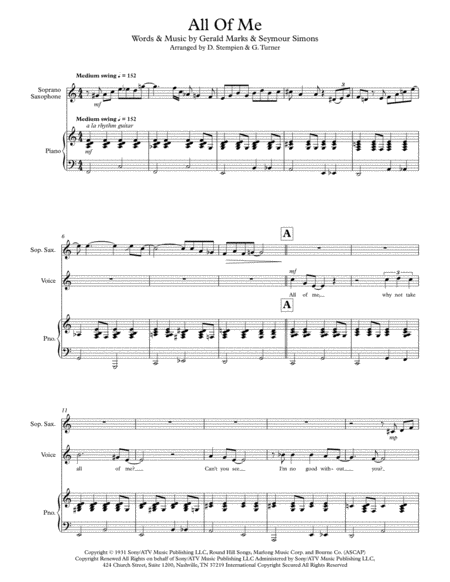 All Of Me For Vocal Solo With Soprano Sax Opt Clarinet And Piano Accompaniment Up Tempo Swing Sheet Music