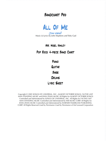 All Of Me John Legend 4 Piece Band Chart Sheet Music