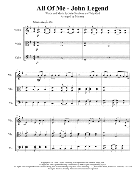 All Of Me John Legend Arranged For String Trio Sheet Music