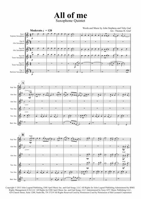 All Of Me John Legend Saxophone Quintet Sheet Music