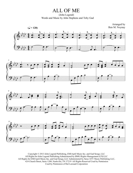 All Of Me Piano Solo Intermediate Sheet Music