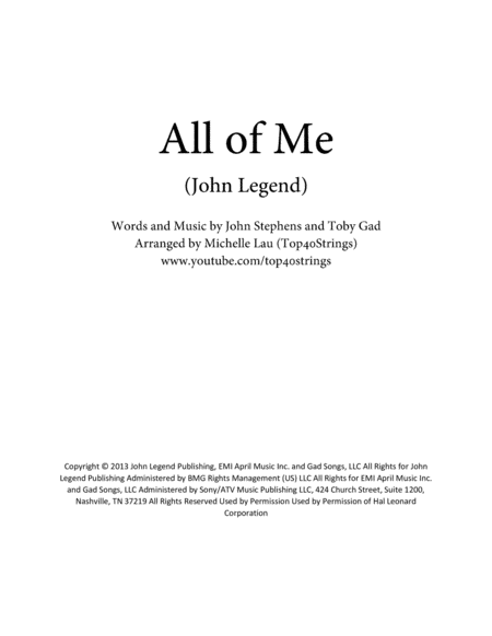 All Of Me String Quartet Top40strings Sheet Music