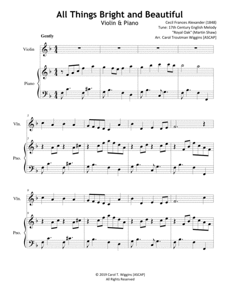 Free Sheet Music All Things Bright And Beautiful Violin Piano