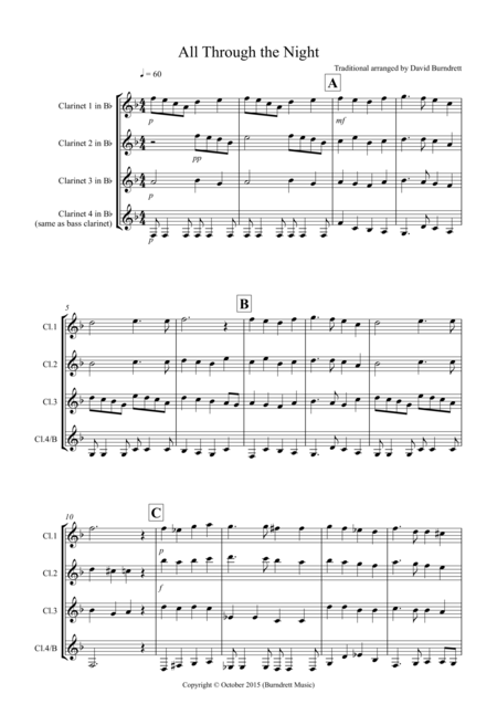 Free Sheet Music All Through The Night For Clarinet Quartet