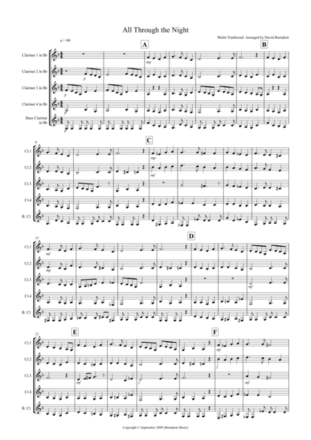 Free Sheet Music All Through The Night For Clarinet Quintet