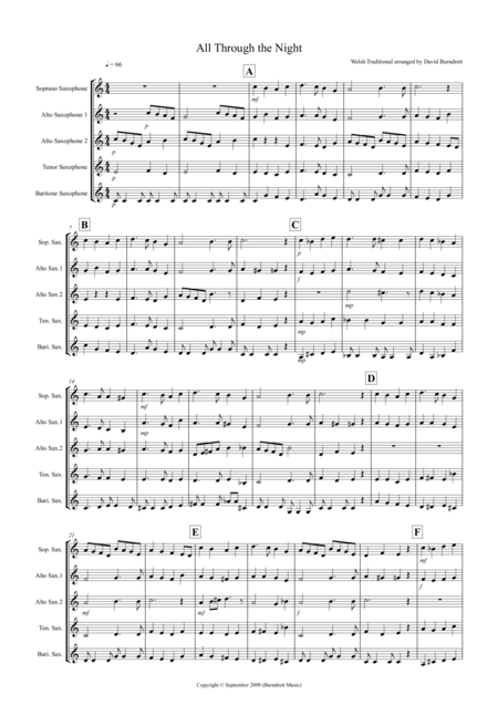 All Through The Night For Saxophone Quintet Sheet Music