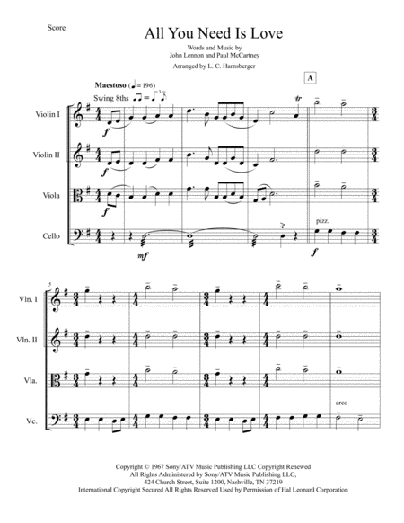 Free Sheet Music All You Need Is Love By The Beatles For String Quartet