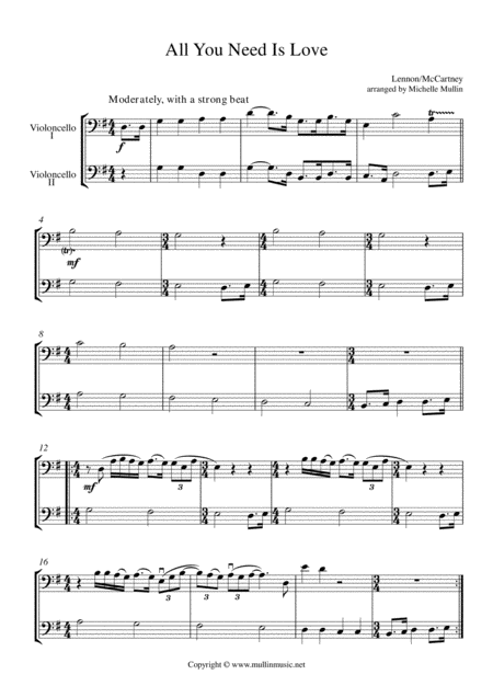 Free Sheet Music All You Need Is Love Cello Duet