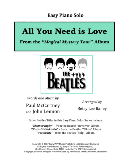 All You Need Is Love Easy Piano Solo Sheet Music