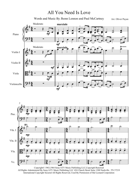 All You Need Is Love For String Quartet With Piano Part Sheet Music