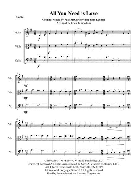 All You Need Is Love For String Trio Violin Viola Or 2nd Violin Cello Sheet Music