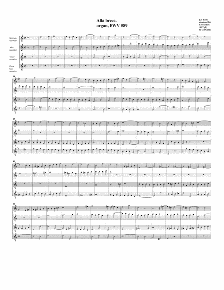 Alla Breve Bwv 589 Arrangement For 4 Recorders Sheet Music