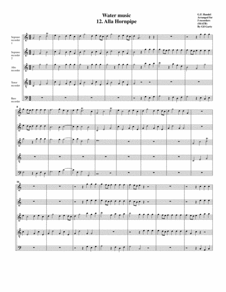 Alla Hornpipe From Water Music Arrangement For 5 Recorders Sheet Music