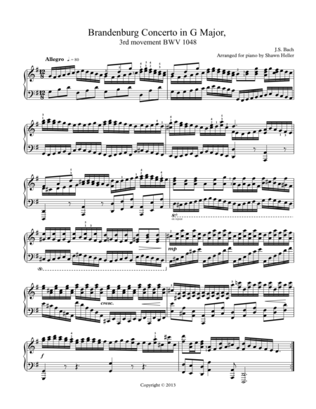 Allegro 3rd Mvt From Brandenburg Concerto 3 In G Maj Bwv 1048 Piano Solo Arr By Shawn Heller Sheet Music