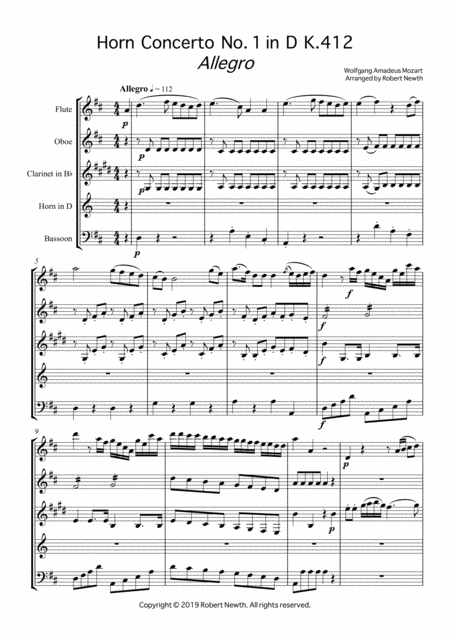 Free Sheet Music Allegro From Horn Concerto No 1 In D K412 For Wind Quintet