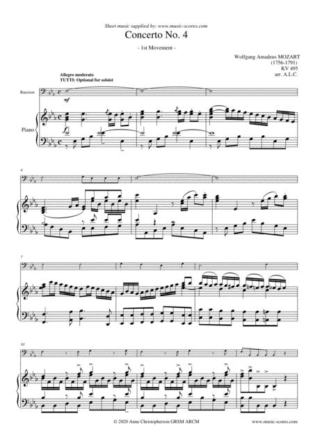 Allegro From Mozarts 4th Horn Concerto Bassoon And Piano Sheet Music