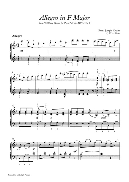 Free Sheet Music Allegro In F Major Hob Xvii No 2 By Haydn