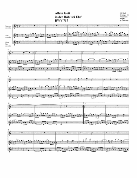 Allein Gott In Der Hoeh Sei Ehr Bwv 717 For Organ From Kirnberger Chorales Arrangement For 3 Recorders Sheet Music