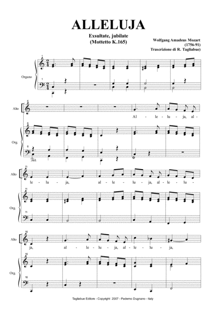 Free Sheet Music Alleluja Exsultate Jubilate K 165 Mozart Arr For Alto And Organ In C