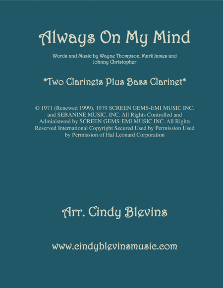 Always On My Mind For Two Clarinets And Bass Clarinet Sheet Music