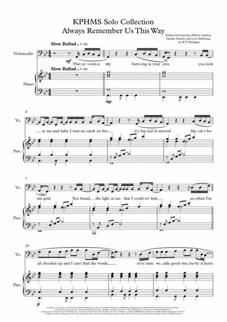 Free Sheet Music Always Remember Us This Way Solo For Cello Piano In Bb Major