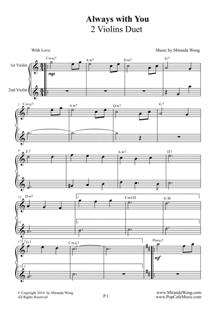 Always With You 2 Violins Duet With Chords Sheet Music