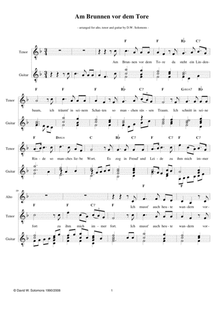 Am Brunnen Vor Dem Tore For Alto Tenor And Classical Guitar Sheet Music