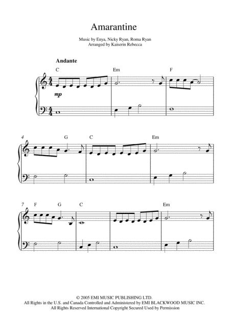 Amarantine Easy Piano Solo With Chords Sheet Music