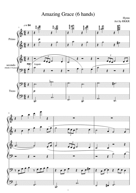 Free Sheet Music Amazing Grace 6 Hands