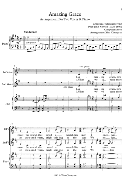 Amazing Grace Arranged For Two Voices Piano Sheet Music