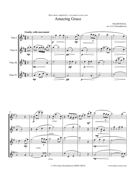 Amazing Grace Flute Quartet Higher Intermediate Sheet Music