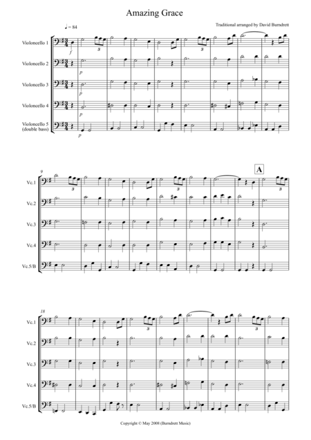 Free Sheet Music Amazing Grace For Cello Quintet