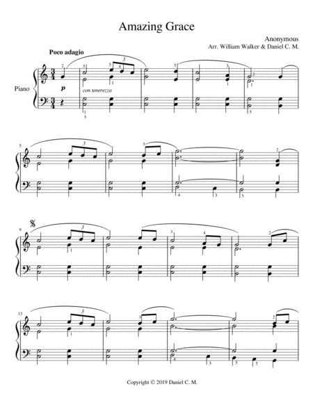 Amazing Grace For Piano Choral Style Sheet Music