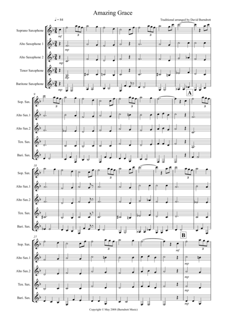 Amazing Grace For Saxophone Quintet Sheet Music