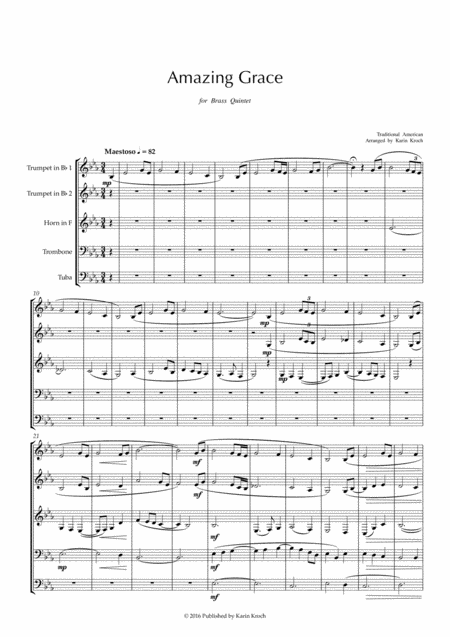 Amazing Grace Majestic Arrangement For Brass Quintet Sheet Music