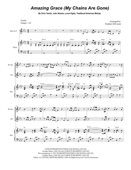 Free Sheet Music Amazing Grace My Chains Are Gone Duet For Bb Trumpet French Horn